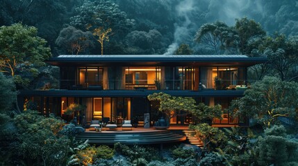 A forest house surrounded by trees during the night with large windows. Digitally generated image...