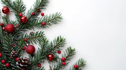 A beautiful Christmas background with a shiny gold Christmas ball hanging from a lush red ribbon.