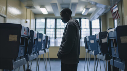 Fototapeta premium man in a polling both to cast his vote in US