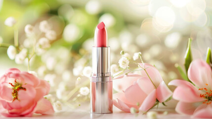 Obraz na płótnie Canvas Pink lipstick surrounded by soft pink tulips and baby's breath flowers.