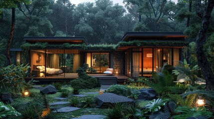 A forest house surrounded by trees during the night with large windows. Digitally generated image...