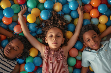 Fototapeta na wymiar Photo of children playing in ball pit at indoor playground, top view, three kids laying on the ground with their hands up reaching for camera