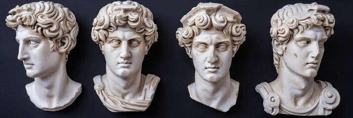 Obraz premium Classical ancient marble gypsum stoic, roman, greek bust, busts head sculpture against a colored background representing historical figures 