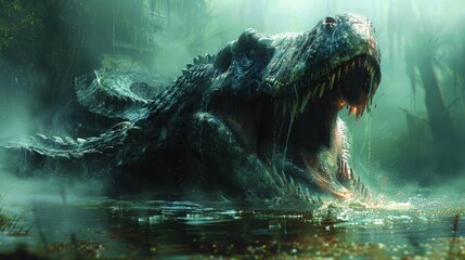 Titanoboa, the Ancient Prehistoric Serpent, Emerging from the Depths of a Primordial Swamp, Its Massive Form Striking Fear.
