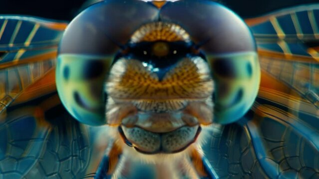 An intricate image of the dragonflys mouthparts with its mandibles and elongated labrum in sharp focus. . AI generation.