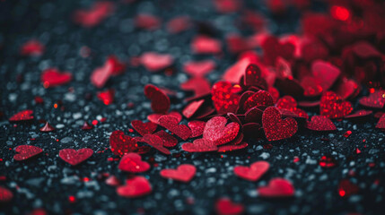 A romantic close-up of scattered red glitter hearts on a dark asphalt surface, symbolizing love and Valentine's Day.