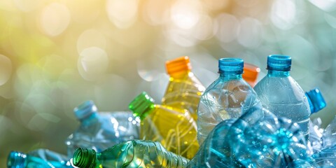 Colorful empty plastic bottles on a bright, bokeh background, depicting recycling and environmental conservation.