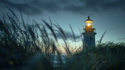 Distant lighthouse, clear sky, close-up, ground-level camera, guiding solitude, dusk's embrace  - obrazy, fototapety, plakaty