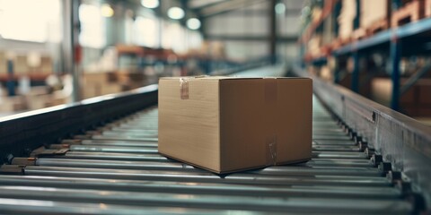 Single cardboard box traveling on a conveyor belt in a distribution warehouse.