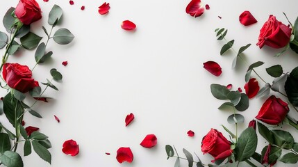 Fresh red roses and scattered petals creating a beautiful frame on a white surface.