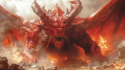 Ancient Mythical Monster. Red dragon Legendary Creature, Its Roar Unleashing Earthquakes and Tremors. - obrazy, fototapety, plakaty