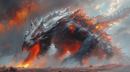 Ancient Mythical Monster. Black dragon Legendary Creature, Its Roar Unleashing Earthquakes and Tremors. - obrazy, fototapety, plakaty