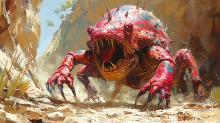 Ancient Mythical Monsters. The ancient valley guardian shredding red crab. - obrazy, fototapety, plakaty