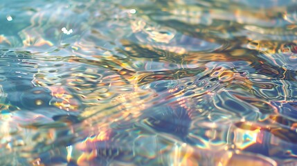 Rippled water texture, close-up, ground-level camera, abstract bokeh, reflective ocean beauty 
