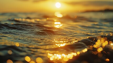 Sunset over water, close-up, straight-on shot, golden bokeh, serene ocean end  - obrazy, fototapety, plakaty