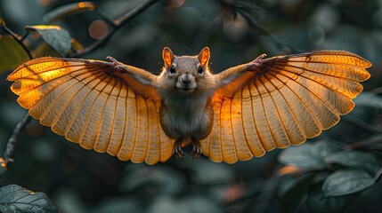 Flying Squirrel Gliding Effortlessly Through the Canopy of a Moonlit Forest, Its Membranous Wings Stretched Wide. - obrazy, fototapety, plakaty