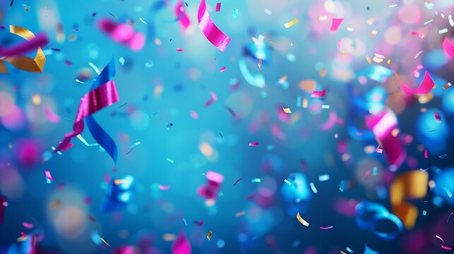 Vibrant confetti flying with a dynamic and festive party atmosphere on a blue background.