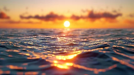 Selbstklebende Fototapeten Digital sunset over water, close-up, eye-level view, rendered light gradients, calm pixels © Thanthara