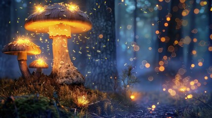 A dense forest at dusk, with a cluster of glowing mushrooms illuminating the underbrush with a soft blue light.