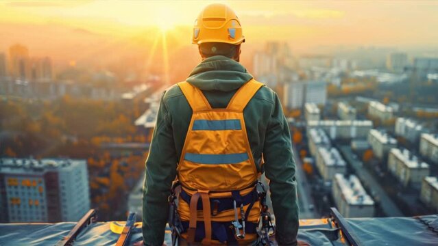 A construction worker in high-visibility gear overlooking a cityscape at sunrise from a high vantage point, possibly on a rooftop.