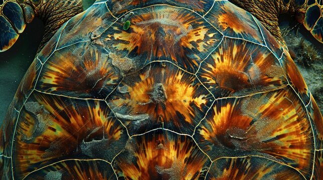 Sea turtle shell patterns, close-up, ground-level shot, ancient mariner, geometric beauty 