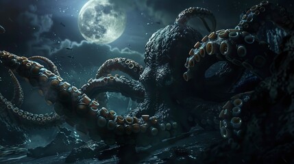 Nocturnal sea creatures, shadows, close-up, high-angle, mysterious marine life, moonlit hunt - obrazy, fototapety, plakaty