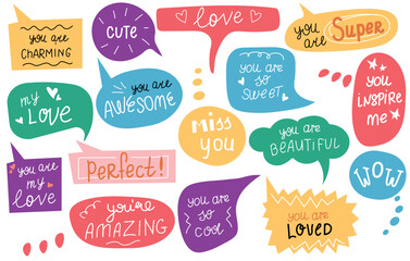 Colorful cartoon speech bubbles with compliments and encouragement words. Short handwritten text.  Speak balloon. Communication, dialog, feedback vector symbols. Vector illustration. - obrazy, fototapety, plakaty
