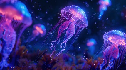 Glowing jellyfish, underwater view, close-up, ground-level shot, neon drifters, silent night ocean 