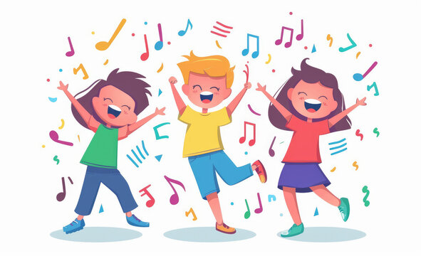 Vector flat cartoon illustration of happy kids dancing and singing with music notes isolated on a white background, colorful, cheerful mood, cute