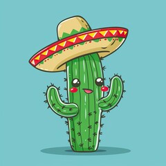 Cactus with sombrero hat on top of desert hill, in the style of cartoon vector illustration clipart