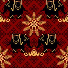 Ethnic Elephant with geometric Pixel Art Seamless Pattern.Vector design for fabric, carpet, clothing, embroidery, wallpaper, and background