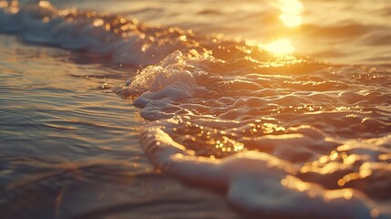 Gentle waves, sunset glow, close-up, ground-level shot, ocean's soft caress, evening light  - obrazy, fototapety, plakaty
