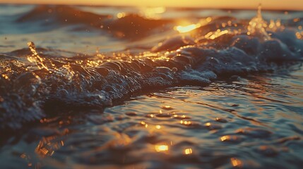 Obraz premium Gentle waves, sunset glow, close-up, ground-level shot, ocean's soft caress, evening light 