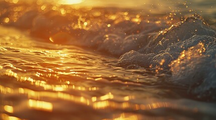 Gentle waves, sunset glow, close-up, ground-level shot, ocean's soft caress, evening light - obrazy, fototapety, plakaty