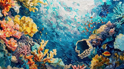 Coral reef mosaic, top-down view, close-up, vibrant marine tapestry, sunlit waters -