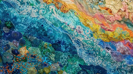 Coral reef mosaic, top-down view, close-up, vibrant marine tapestry, sunlit waters