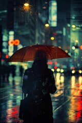 Illustration of a Solitary Woman Holding a Red Umbrella in the Rainy City Night, Evoking Loneliness and Isolation