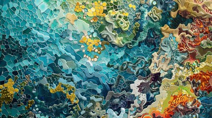 Coral reef mosaic, top-down view, close-up, vibrant marine tapestry, sunlit waters 