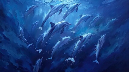 Fototapeta na wymiar Pod of dolphins, aerial dance, top-down close-up, playful spirits, ocean's joy, deep blue 
