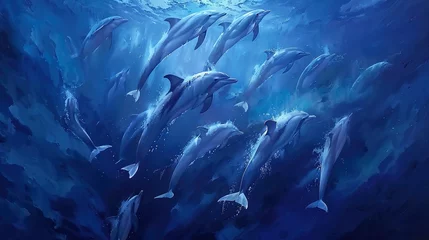 Fotobehang Pod of dolphins, aerial dance, top-down close-up, playful spirits, ocean's joy, deep blue  © Thanthara
