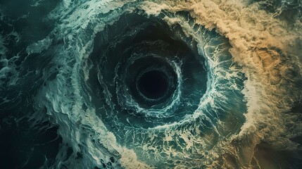 Underwater vortex, swirling sands, top-down, close-up, ocean's whirlpool, mysterious depths
