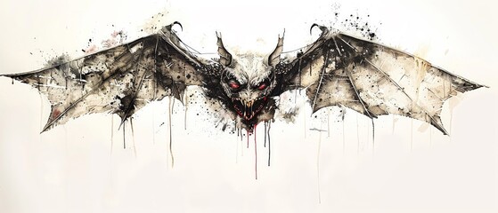 Mixed media acrylic of a monster with a pair of wings, executed in very cute yet horrorinspired style against a white background,  - obrazy, fototapety, plakaty