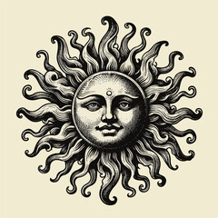 Sun witn face sketch old engraving vector illustration. hand drawn vintage sun old engraving vector illustration