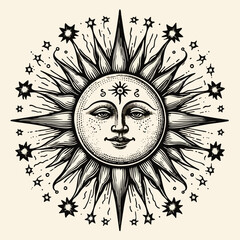 Sun witn face sketch old engraving vector illustration. hand drawn vintage sun old engraving vector illustration