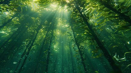 Seaweed forest, swaying, close-up, ground-level camera, green canopy, underwater calm 