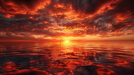 Muurstickers Sunset blaze on ocean, close-up, low angle, fiery sky mirrored, tranquil sea  © Thanthara