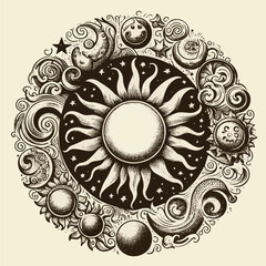 Sun witn face sketch old engraving vector illustration. hand drawn vintage sun old engraving vector illustration