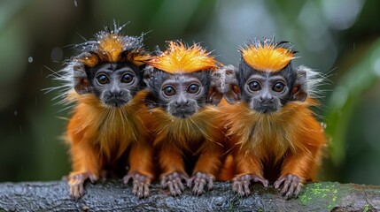 Obraz premium Tamarin Flock Exploring the Amazon Rainforest, Their Small Frames Bursting with Curiosity.