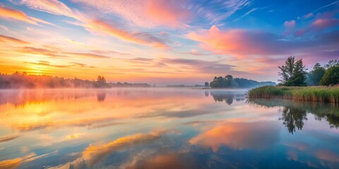 Fototapeta na wymiar serene-sunrise-over-a-mist-covered-lake