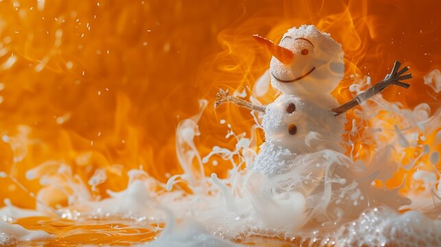 A snowman melting rapidly, its smile fading, symbolizing the warmth of change, against a fiery orange background